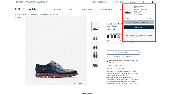 Cole Haan. The pop-up appears for about 5 seconds, but is easily noticeable.