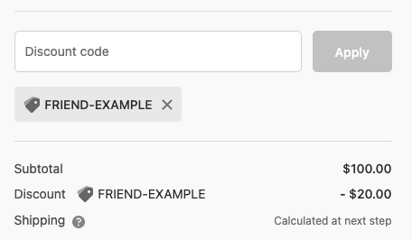 referralcandy referral links friend offer discount applied