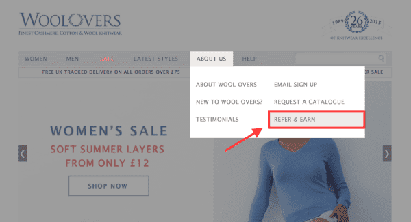 Woolovers Referral program on homepage outline