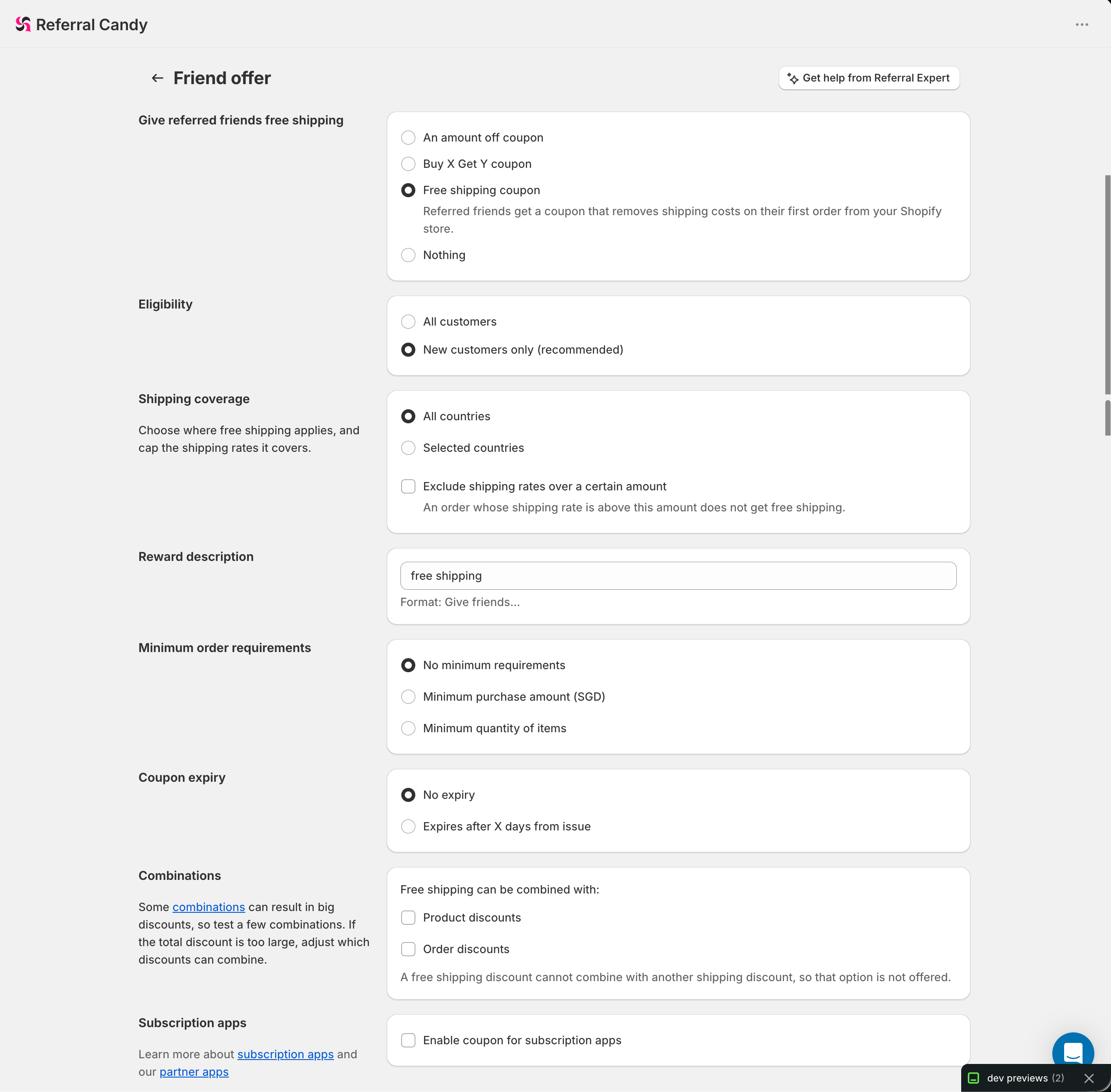 ReferralCandy friend offer settings for a Shopify free shipping coupon, including customer eligibility, shipping coverage, order requirements, expiry, and discount combinations