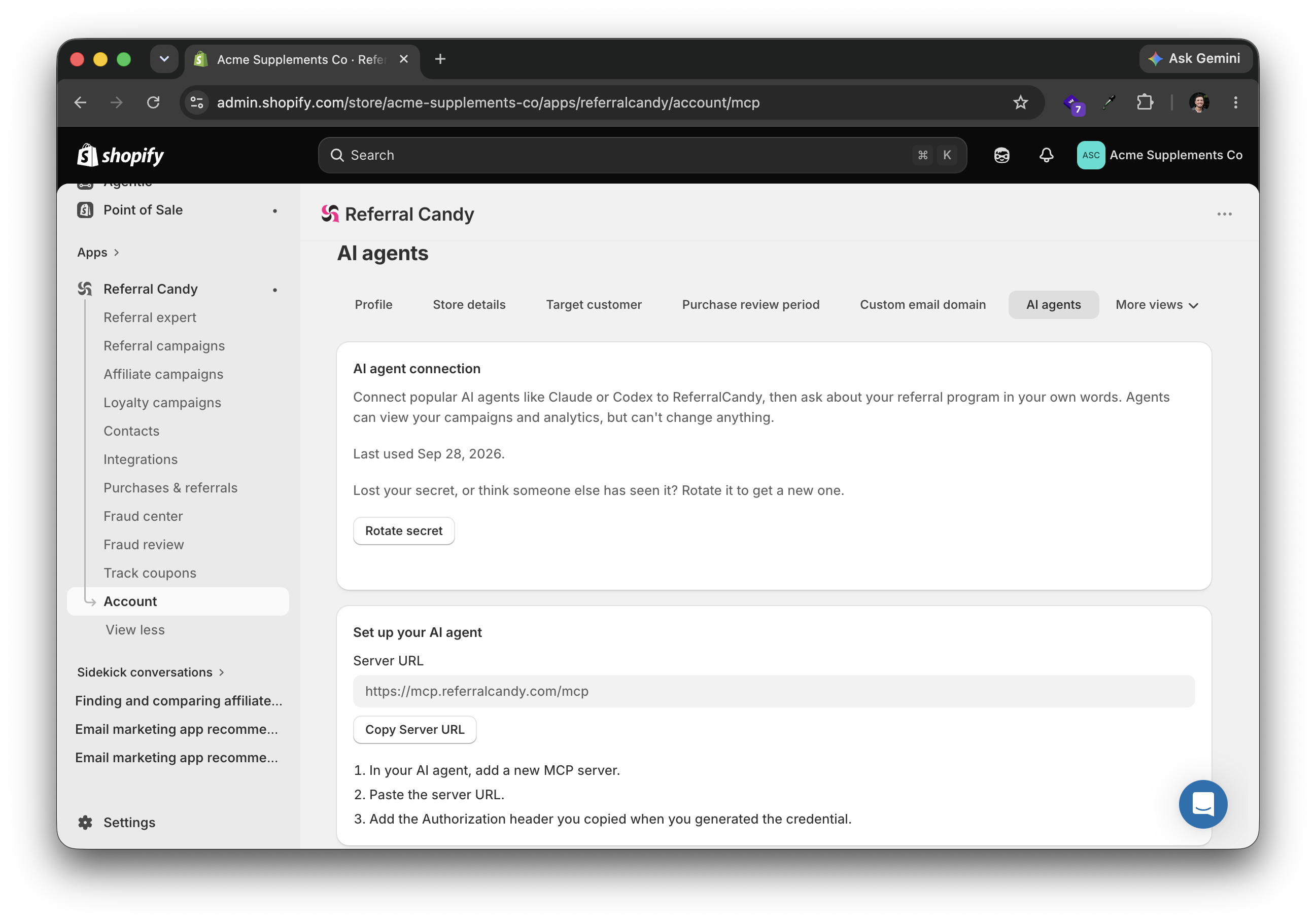 ReferralCandy AI agents settings showing the AI agent connection and MCP server setup instructions
